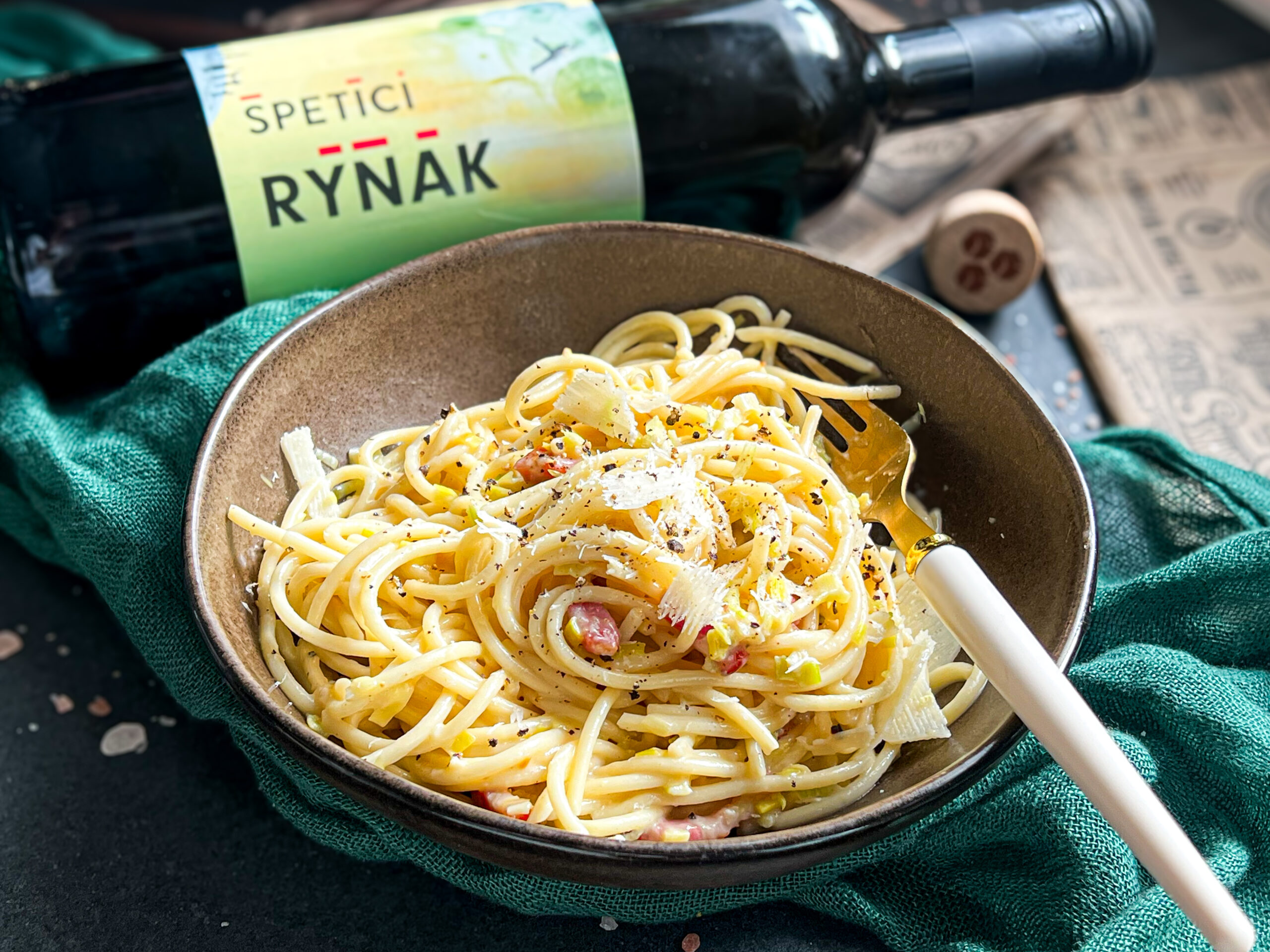 Špagety carbonara s pórkem
