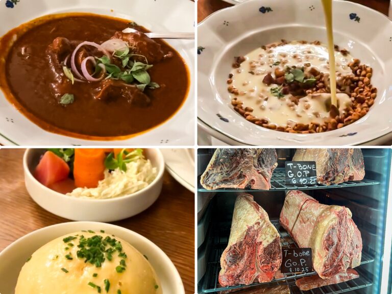 Hlavní jídla z restaurace u Matěje Kotrby. Česnečka a guláš. 